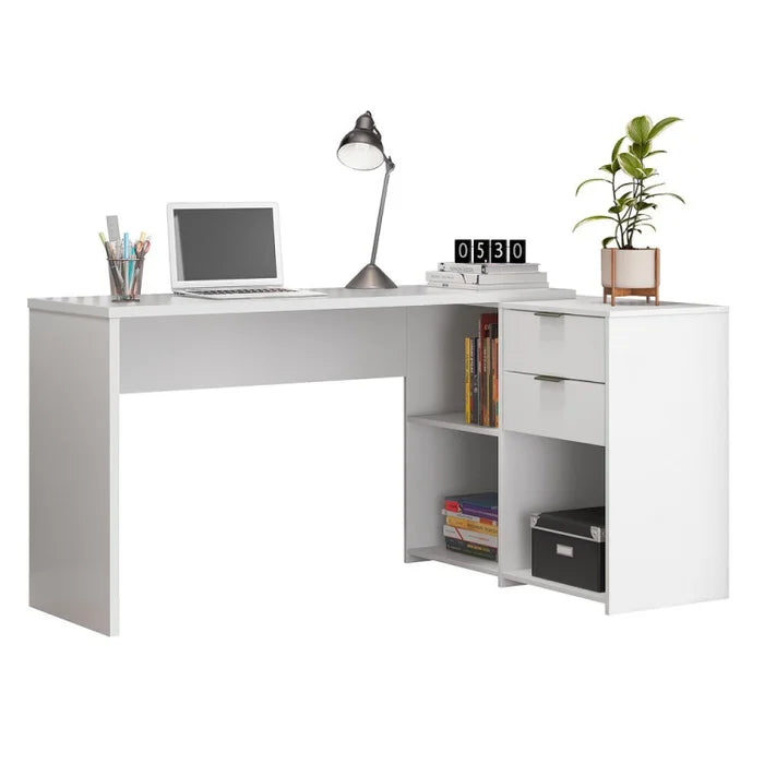 Mesa em L para Escritório com 2 Gavetas e 3 Nichos Grandes