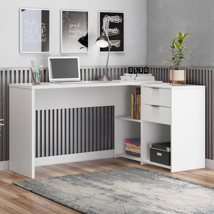 Mesa em L para Escritório com 2 Gavetas e 3 Nichos Grandes