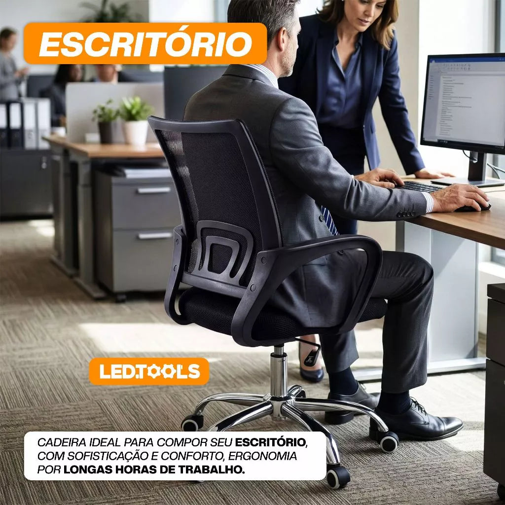 Kit 3 Cadeiras de Escritório Mesh Assento Estofado Base Giratória