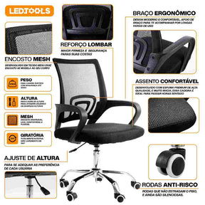 Kit 3 Cadeiras de Escritório Mesh Assento Estofado Base Giratória