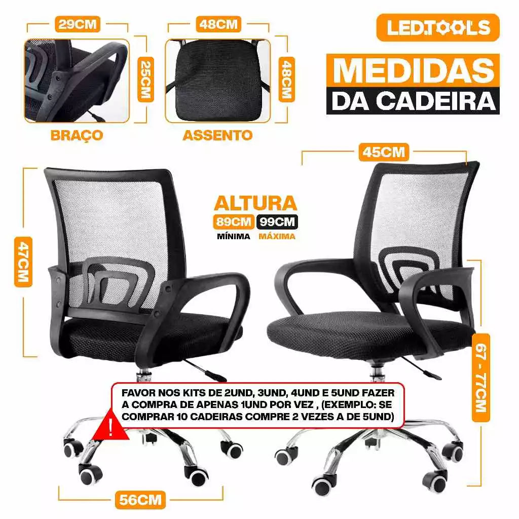 Kit 3 Cadeiras de Escritório Mesh Assento Estofado Base Giratória