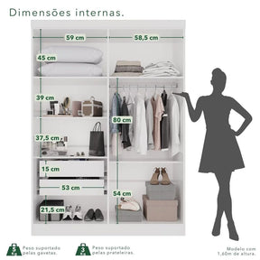 Guarda-roupa Casal 4 Portas 2 Gavetas França Branco