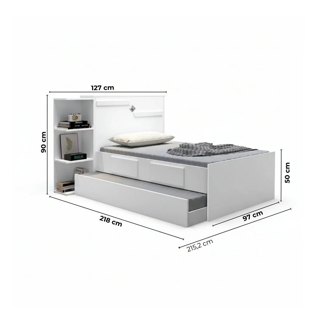 Bicama Solteiro com Baú, 2 Gavetas e Cama Auxiliar Iris Branco