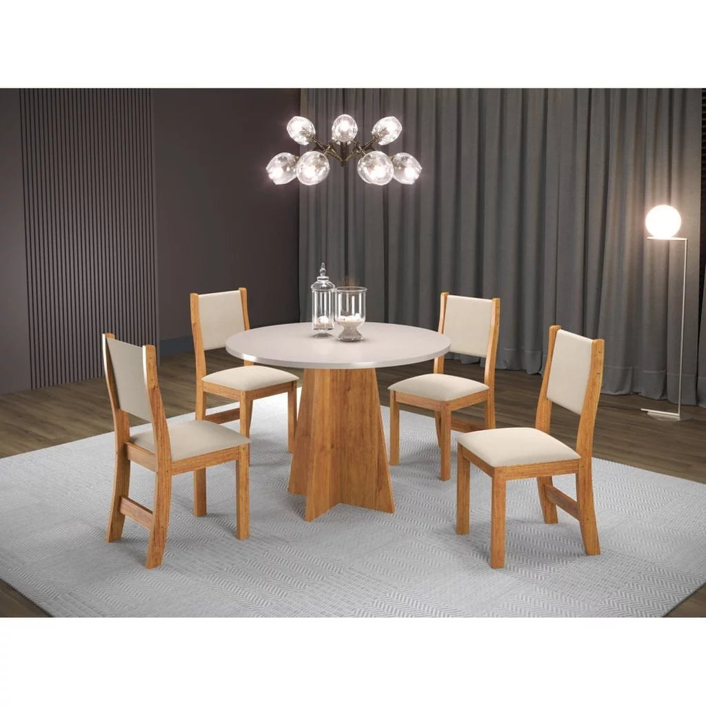 Conjunto Sala de Jantar Mesa Chilli 90cm Tampo Redondo com 4 Cadeiras Sol Mel/Blonde/Bege